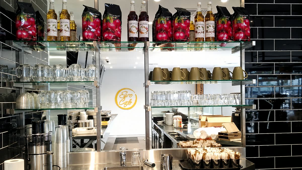 Glass shelves, coffee syrups and cups above the stainless counter