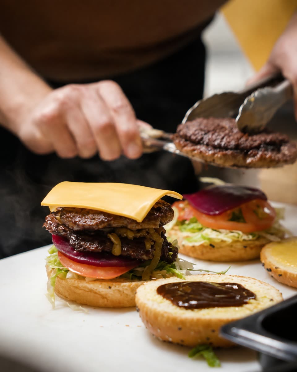 A double patty burger being built with cheese, beetroot and tomato