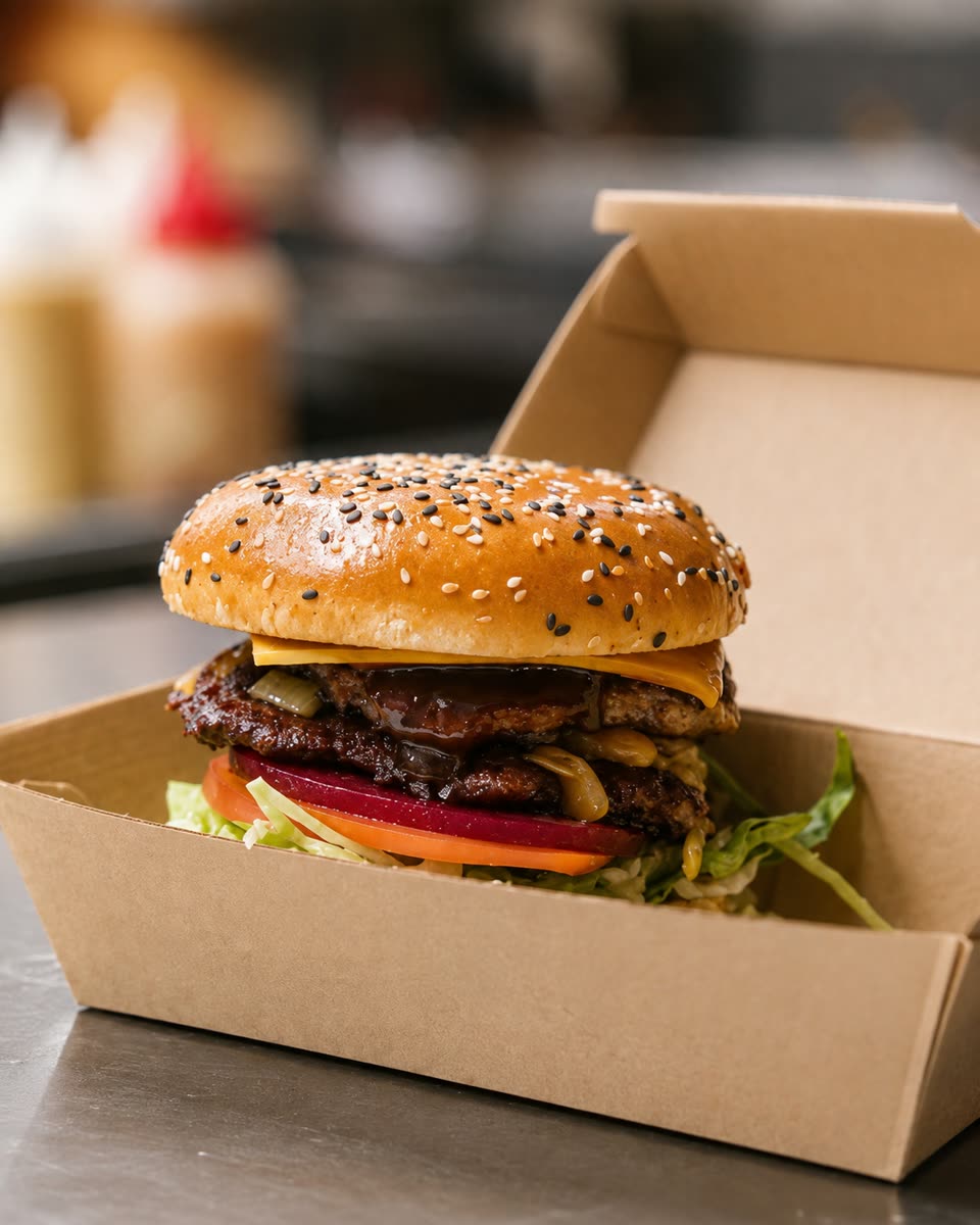 A finished burger in a takeaway box