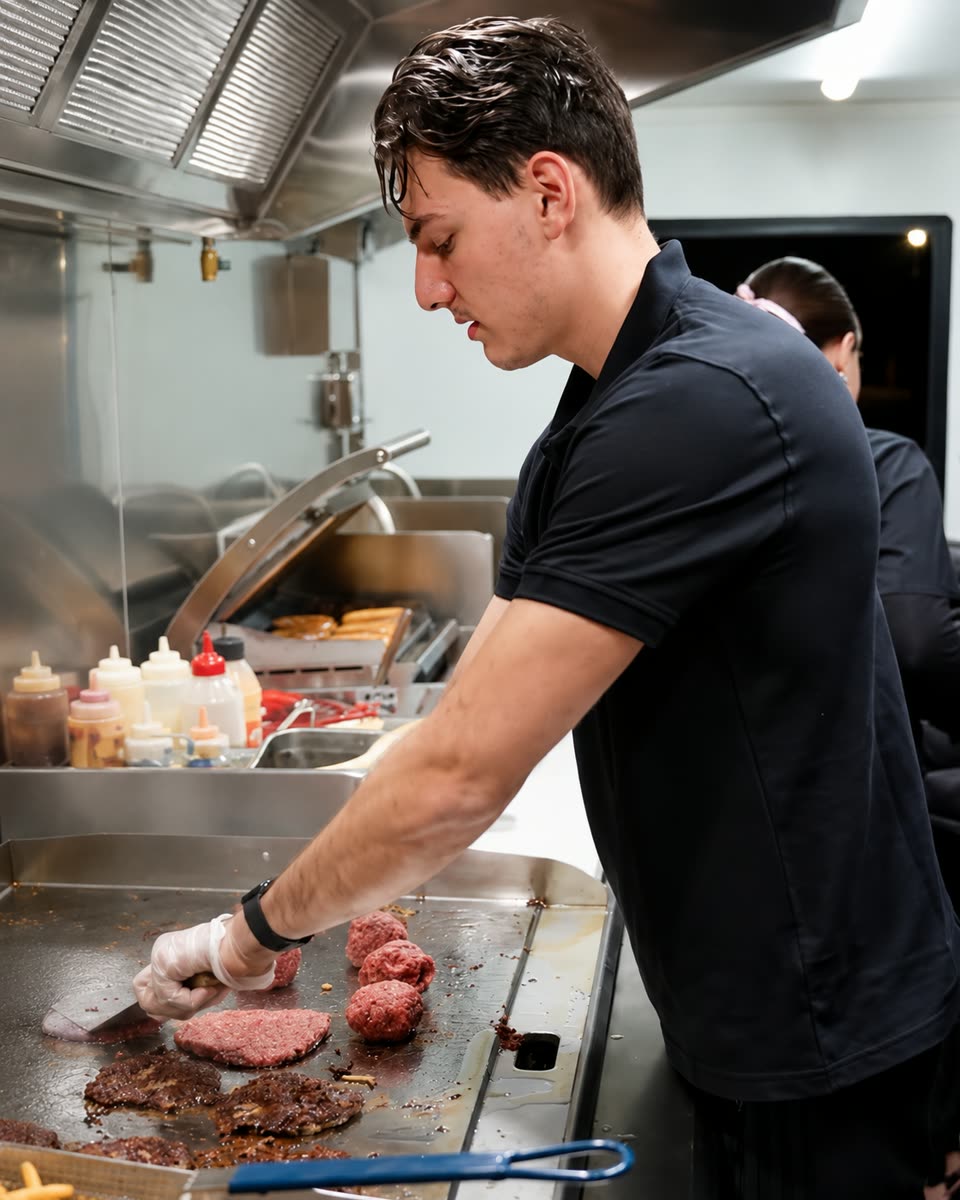 A crew member pressing patties on the trailer's grill