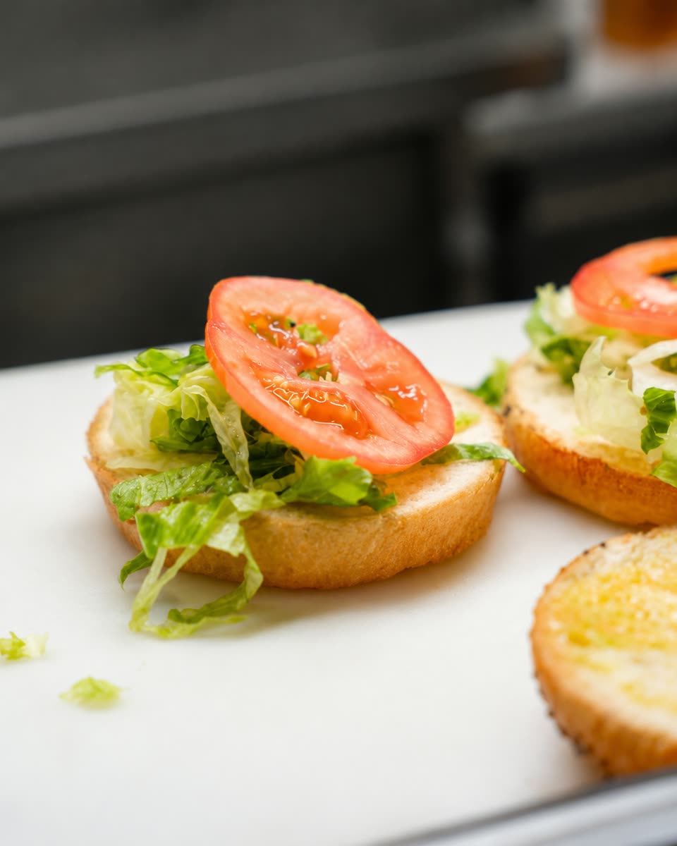 Toasted buns dressed with lettuce and tomato on the prep bench