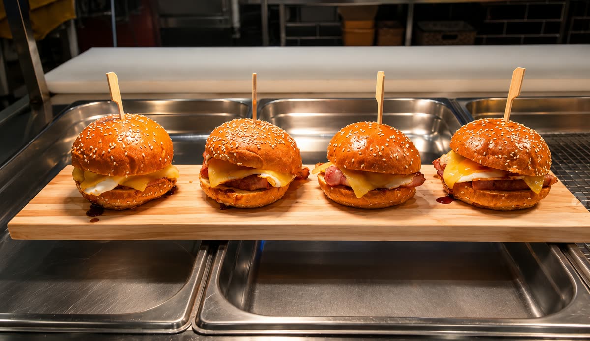 Bacon and egg sliders on a wooden board