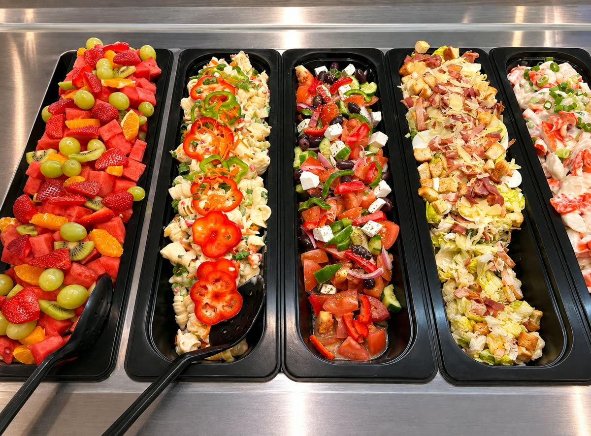 The salad bar: fruit salad, pasta salad, Greek salad, chicken Caesar and seafood salad