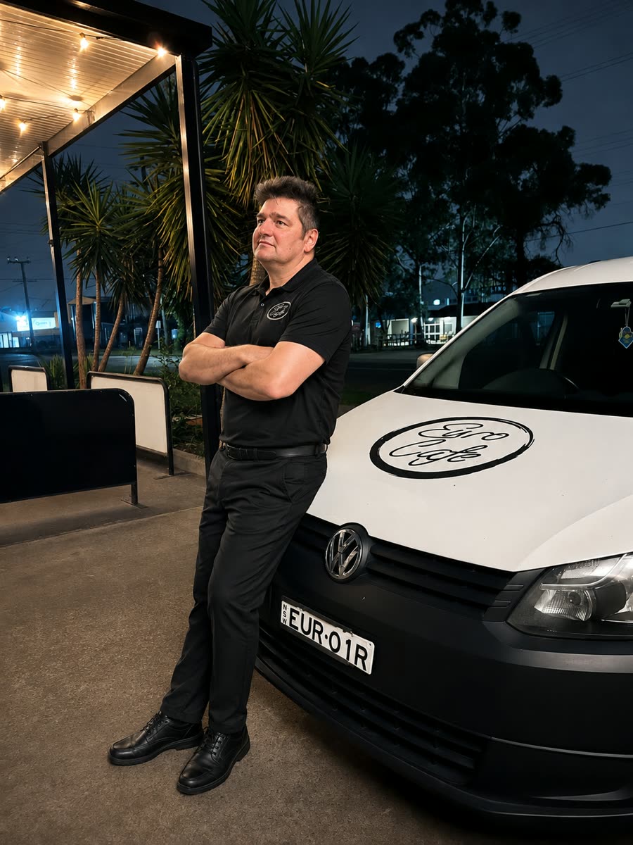 Richard outside Euro Cafe Riverside at night, beside the cafe van